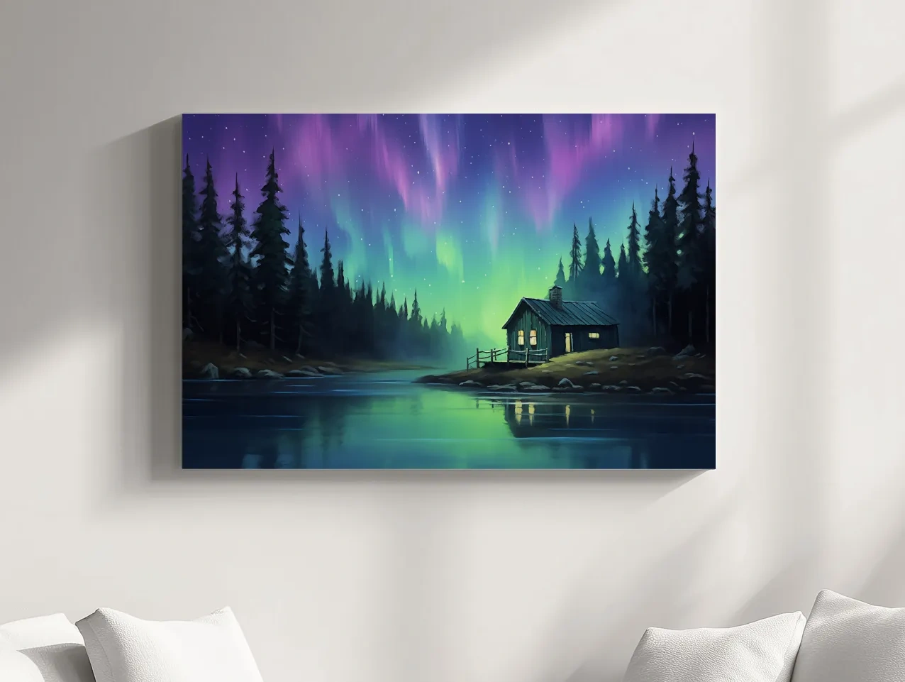 Northern Lights Over Lakeside Cabin Painting - Aurora Borealis Night Wall Art