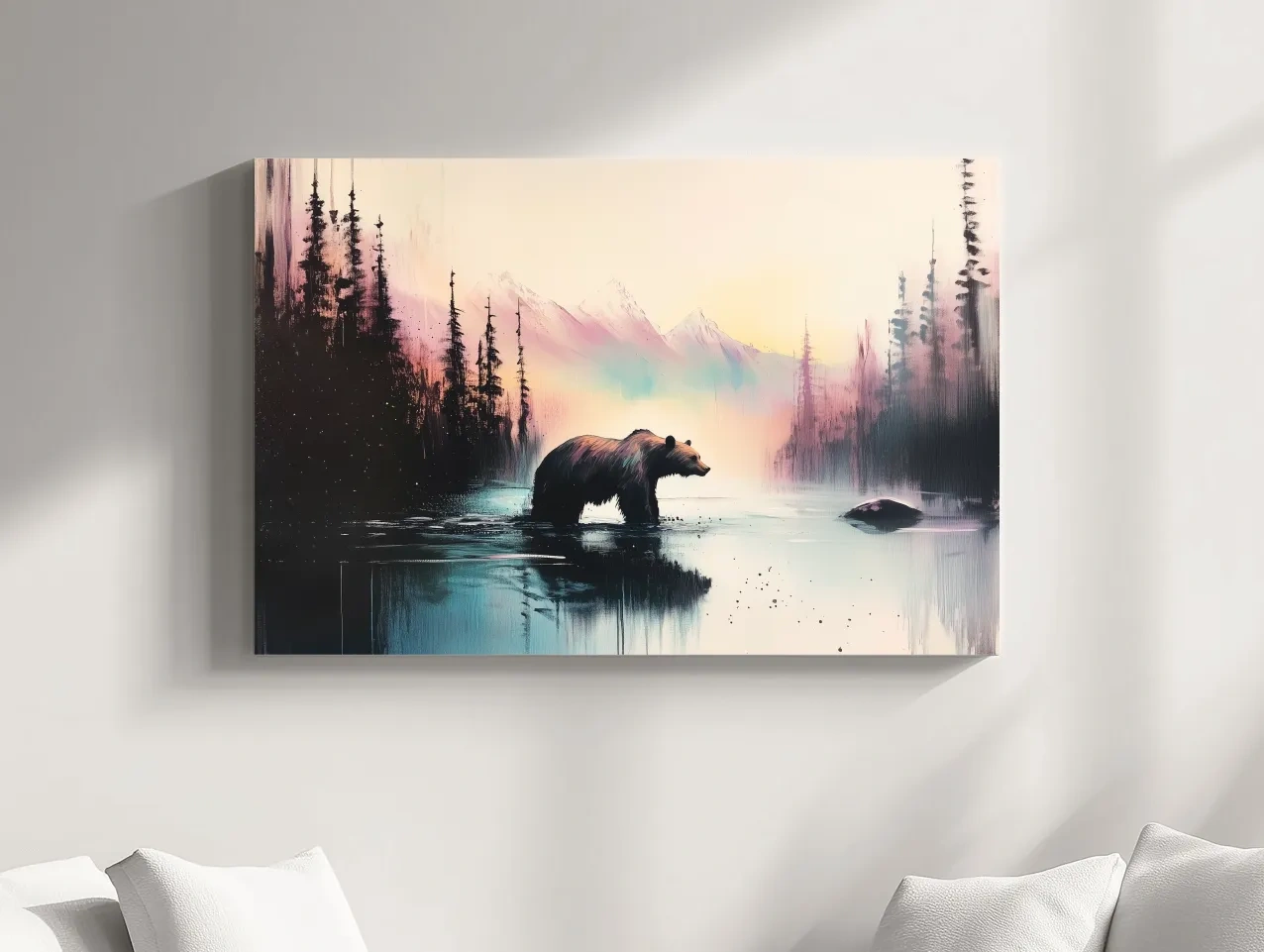 Moody Watercolor Grizzly Bear Lake Reflection - Misty Mountain Wilderness Wall Art