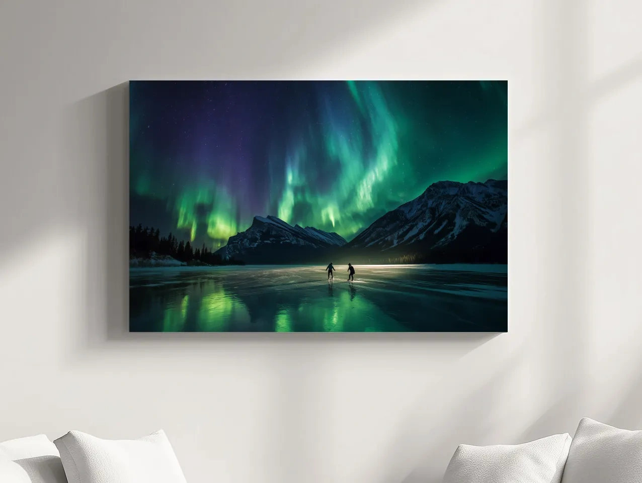 Ice Skaters Under Vibrant Northern Lights - Aurora Borealis Photographic Wall Art