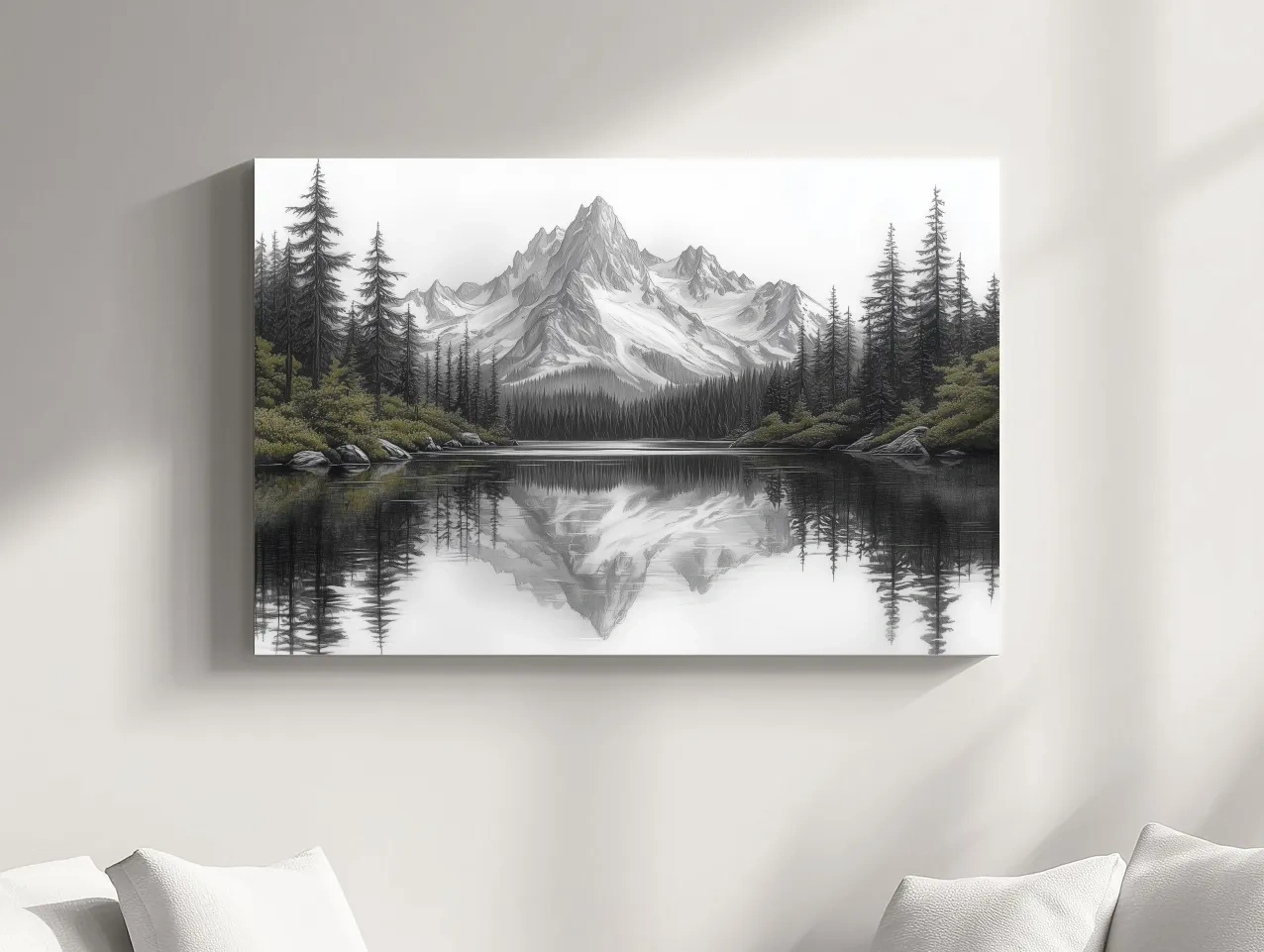 Monochrome Alpine Mountain Lake Reflection Sketch Artwork - Minimalist Forest Landscape Wall Art