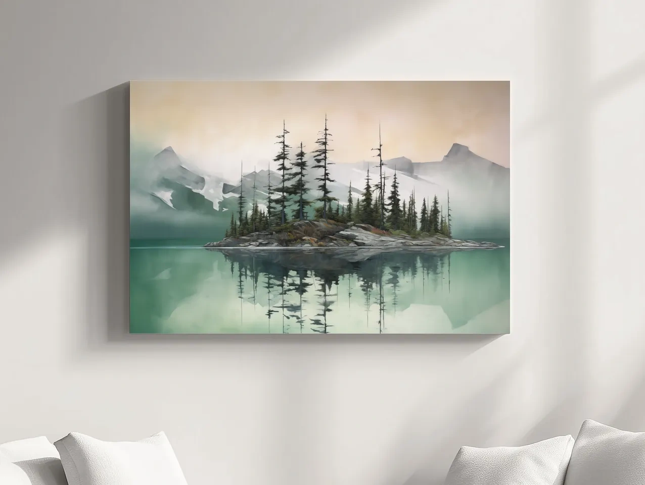 Misty Turquoise Alpine Lake Reflection - Serene Watercolor Mountain Landscape Wall Art