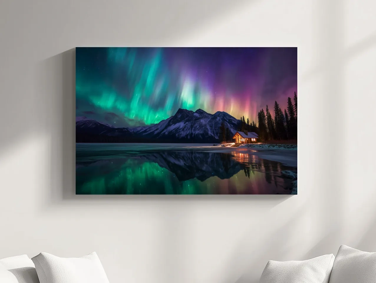 Vibrant Northern Lights Over Mountain Lake Cabin - Aurora Borealis Landscape Wall Art