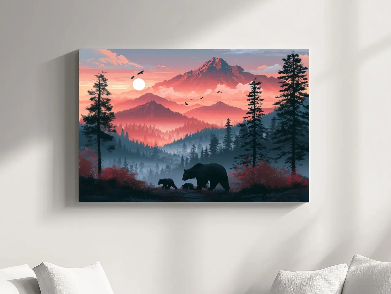 Sunset Mama Bear & Cubs Silhouette - Forest Wildlife Wall Art