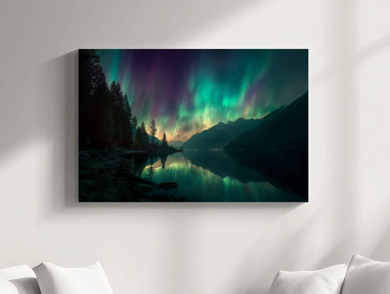 Vibrant Northern Lights Lake Reflection - Aurora Borealis Mountain Wall Art