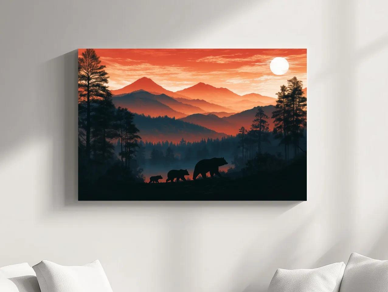 Mountain Sunset Bear Family Silhouettes - Wilderness Landscape Artwork