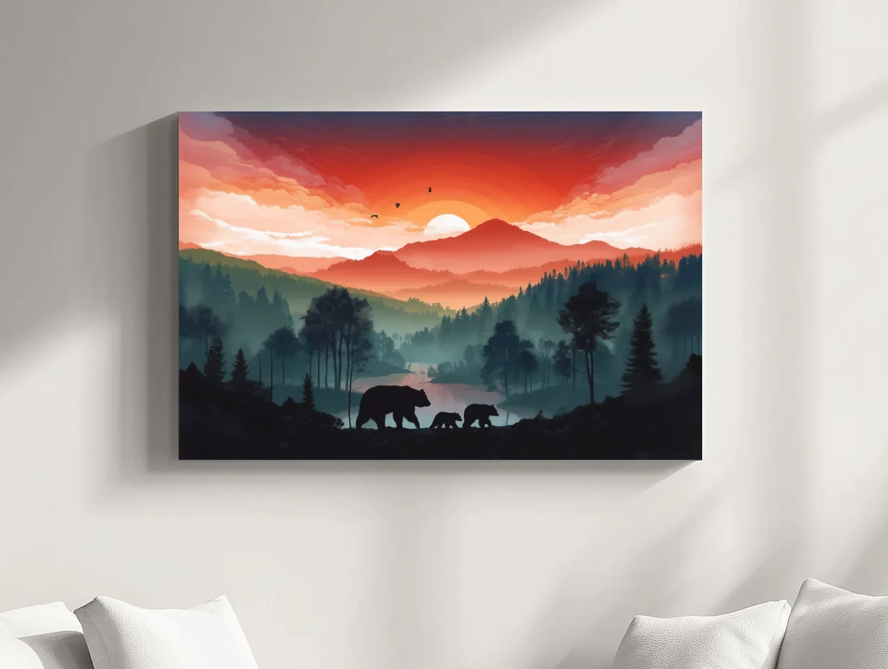 Sunset Bear Family Silhouette Landscape - Misty Mountain Forest Wall Art