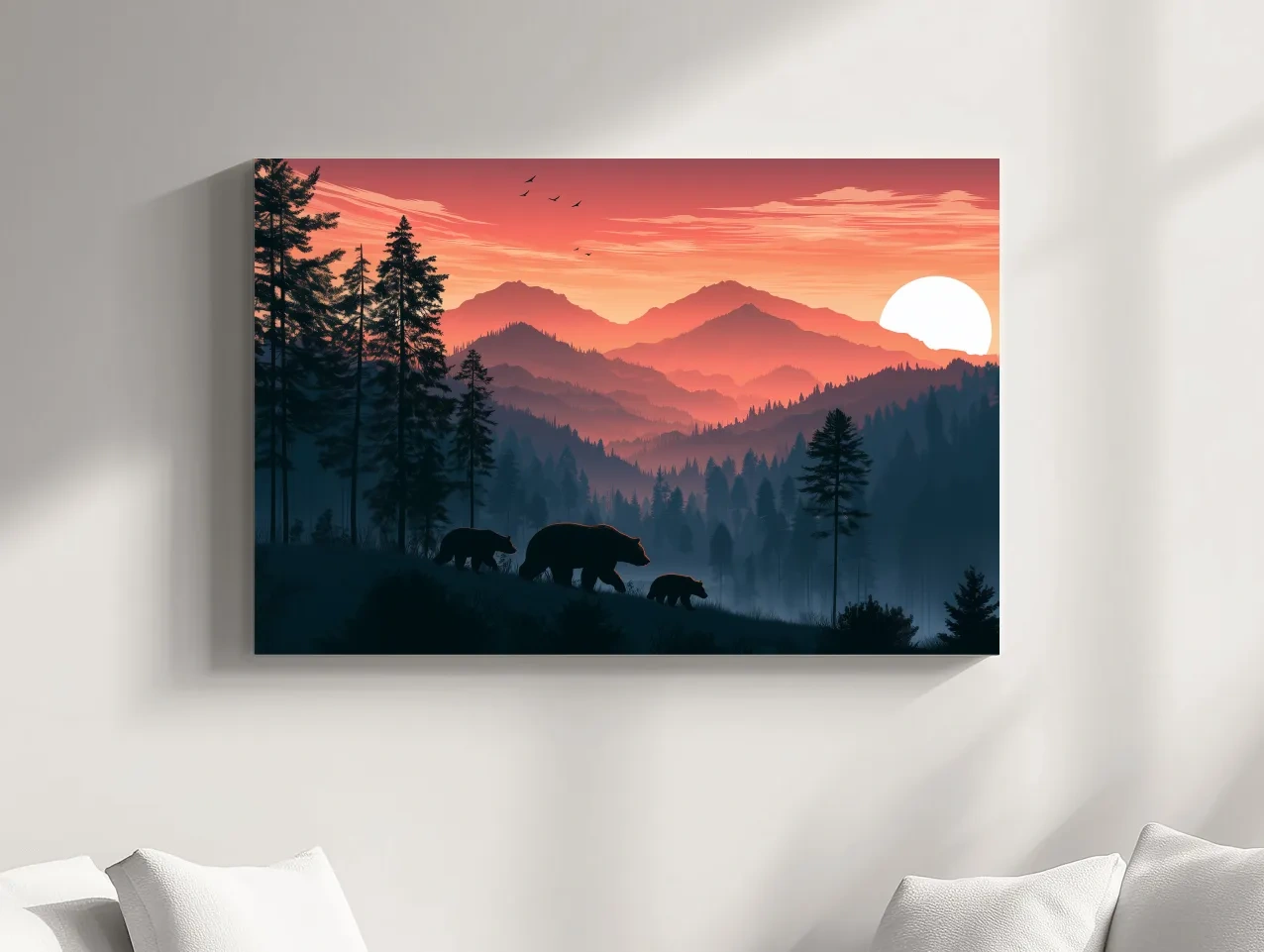 Bear Family Silhouette Mountain Sunset - Wildlife Landscape Wall Art