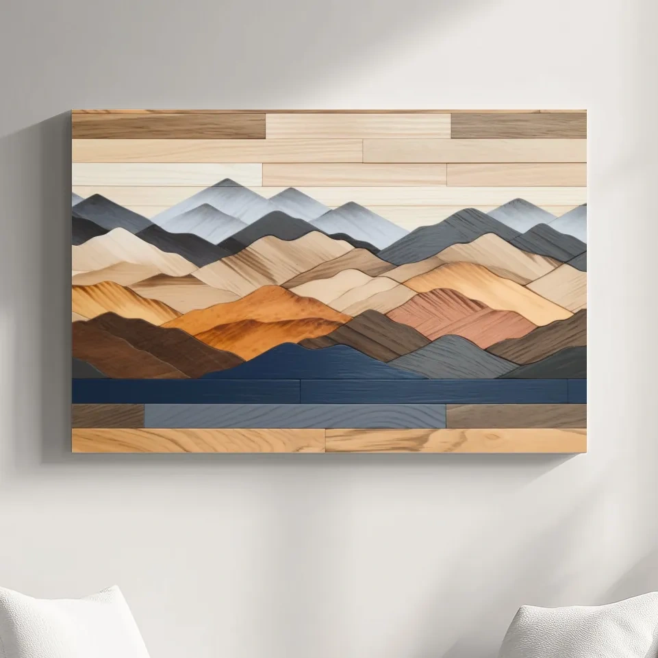Rustic mountain wall art, layered wood piece effect