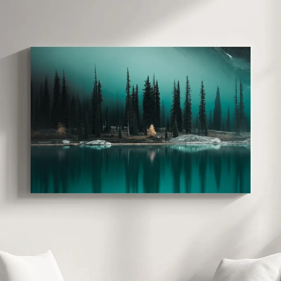 Trees on a turquoise alpine lake, mountain painting