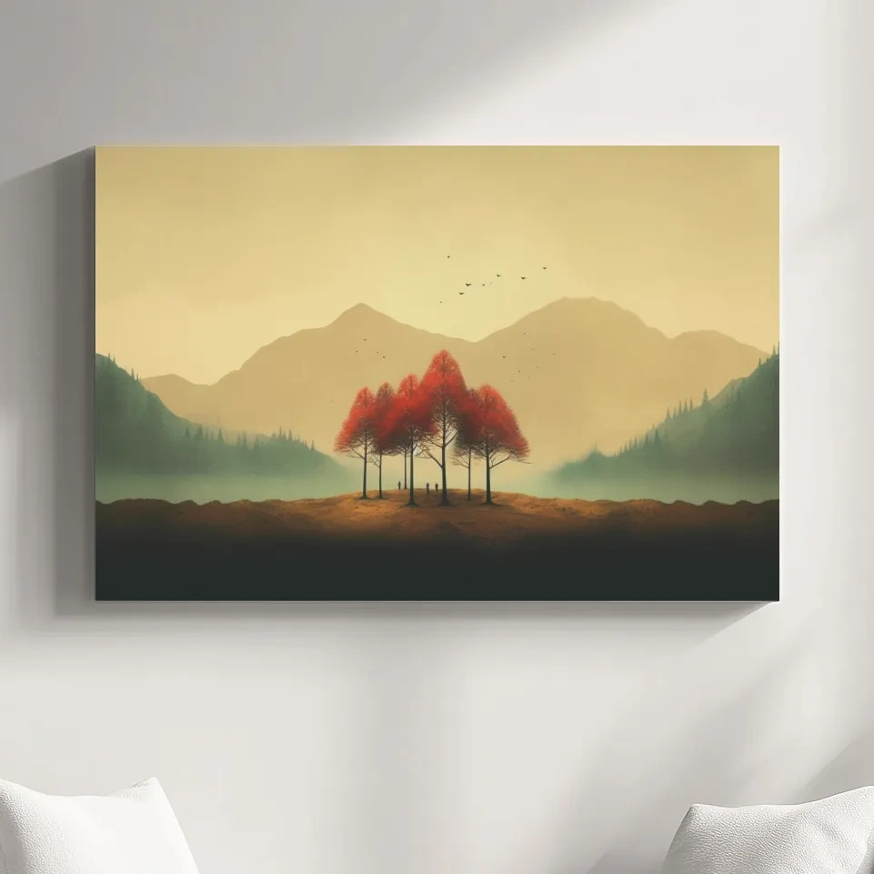 Landscape mountain artwork, minimal painting of autumn trees in the fog