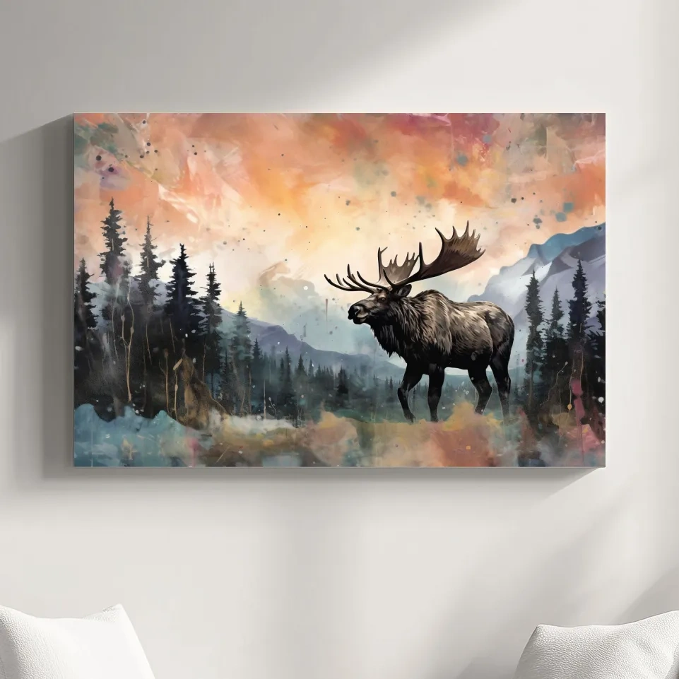Abstract splattered painting of a moose in mountain scenery