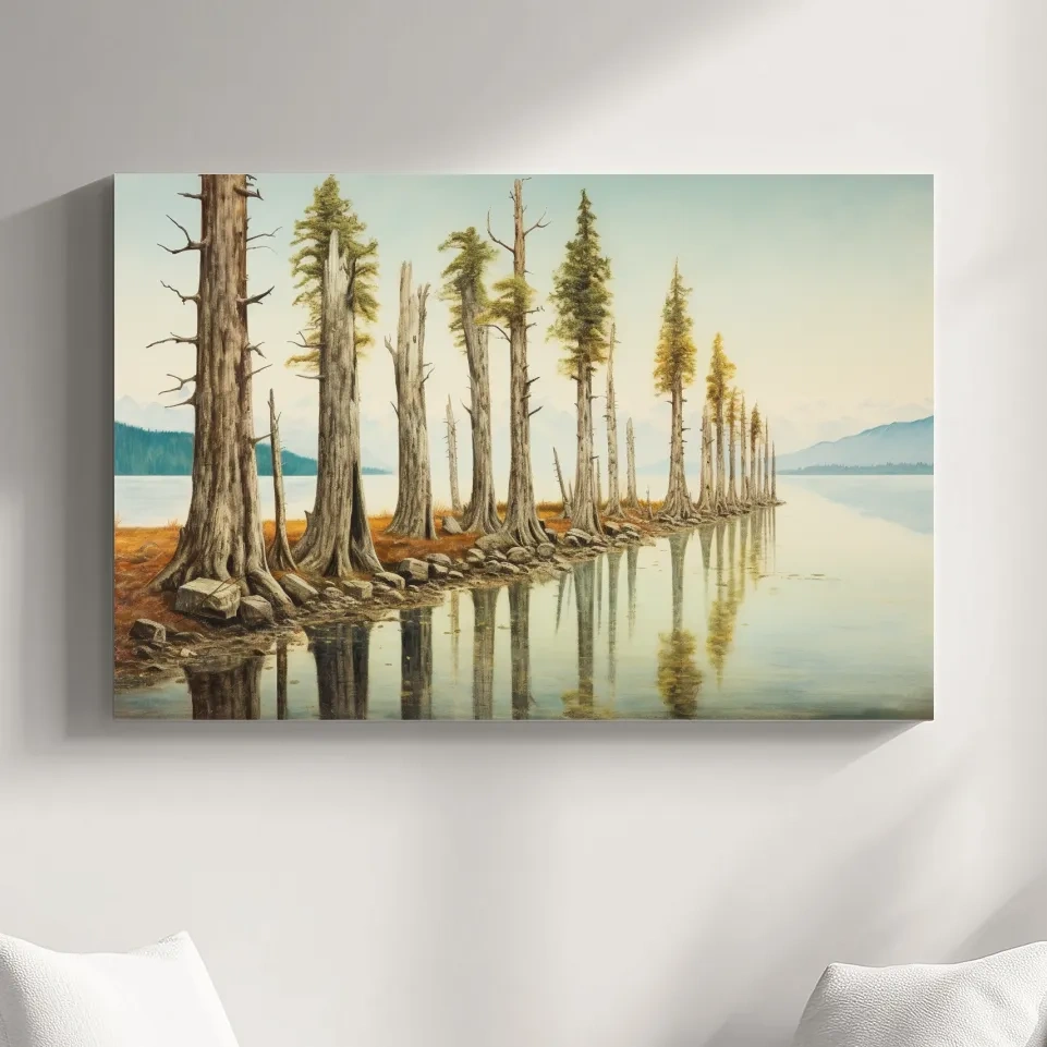 Painting of a line of trees beside a lake and mountains