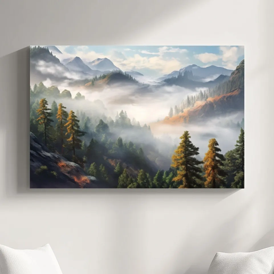 Painting of fog rolling through the trees and mountains