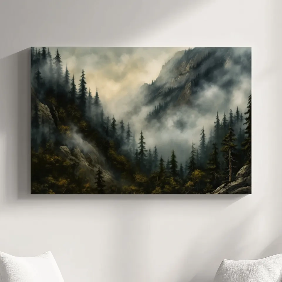 Painting of fog rolling through the trees and mountains, foggy forest artwork