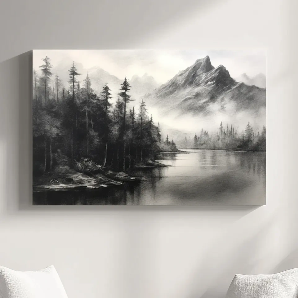 Charcoal drawing of mountains and a lake