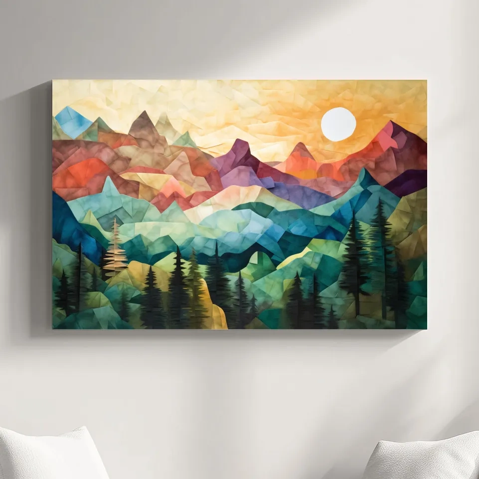 Abstract canvas print of mountains at sunset, patchwork effect