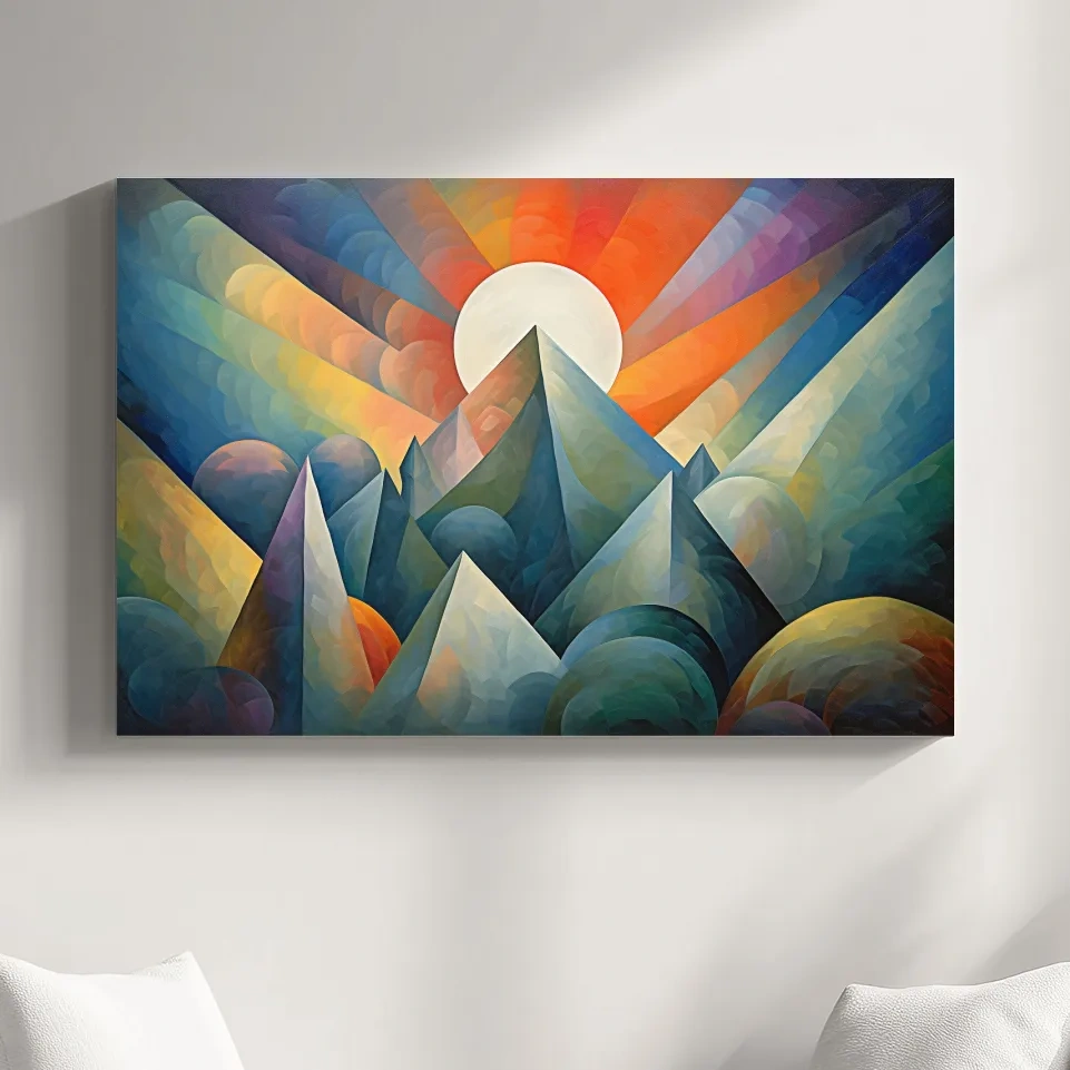 Abstract painting of mountains at sunrise