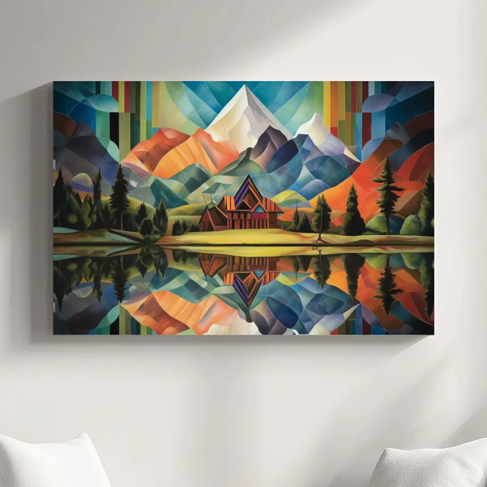 Abstract oil painting of a cabin by a lake, mountain scenery