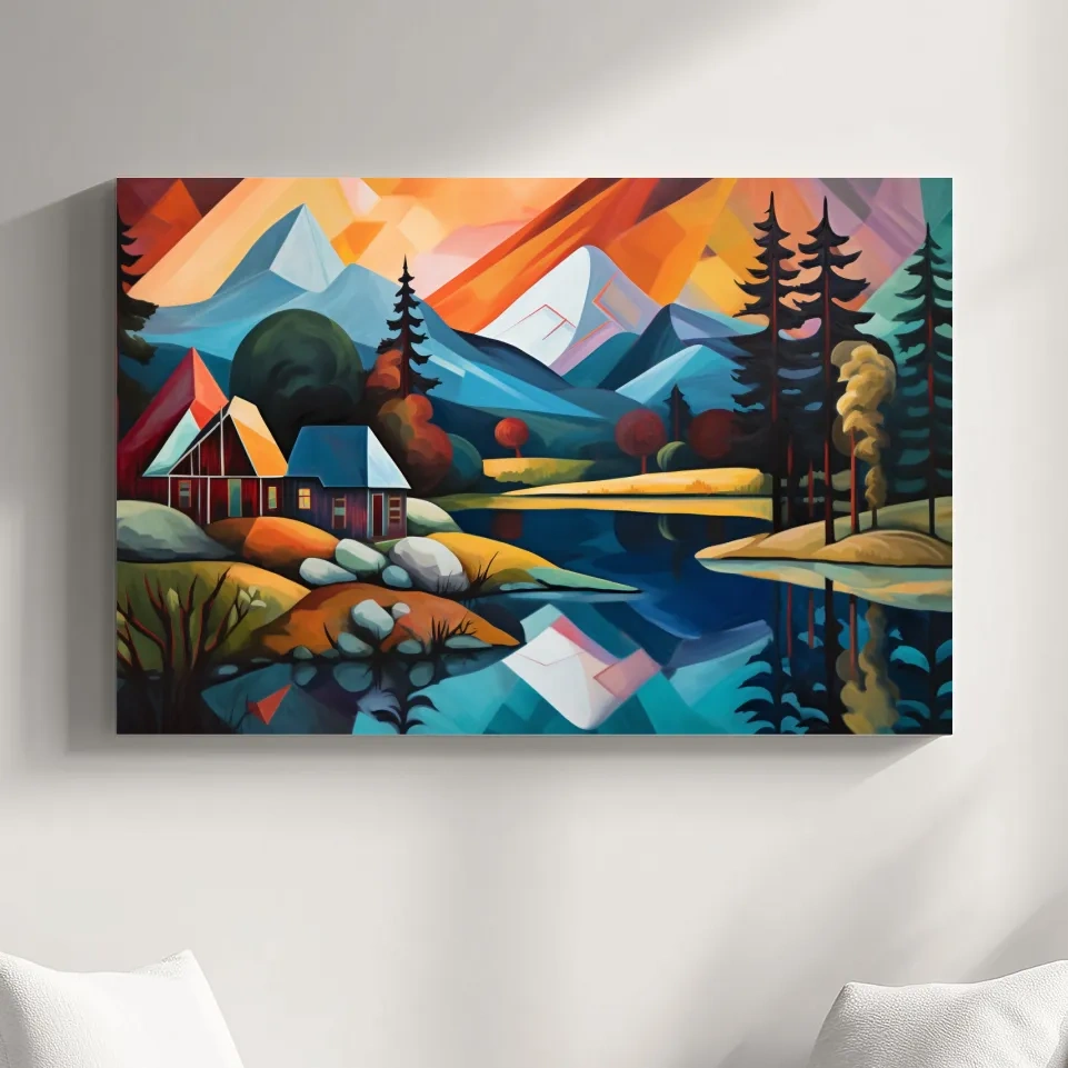 Abstract oil painting of a cabin by a lake, mountain scenery