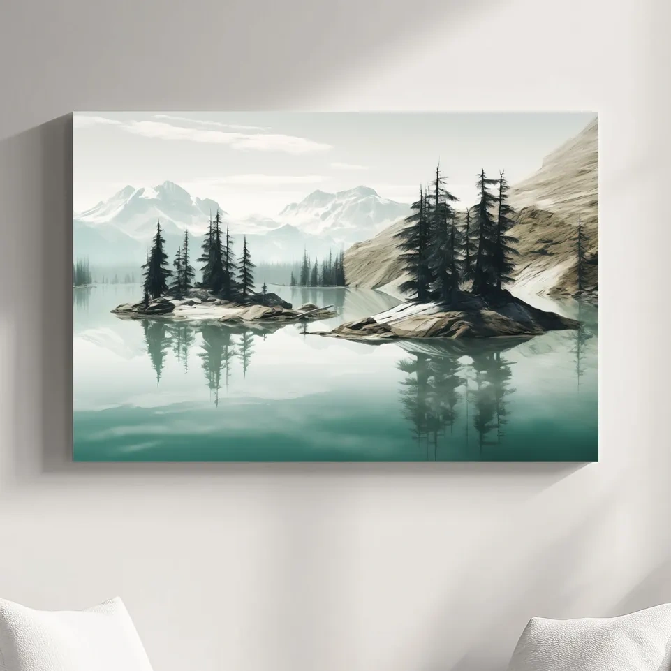 Painting of trees on an alpine lake