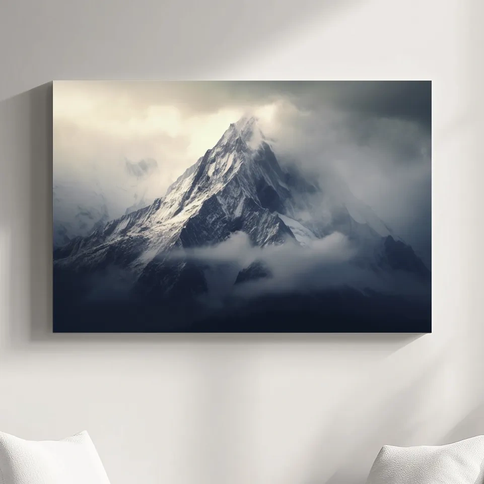 Photographic art, snow capped mountain in the clouds