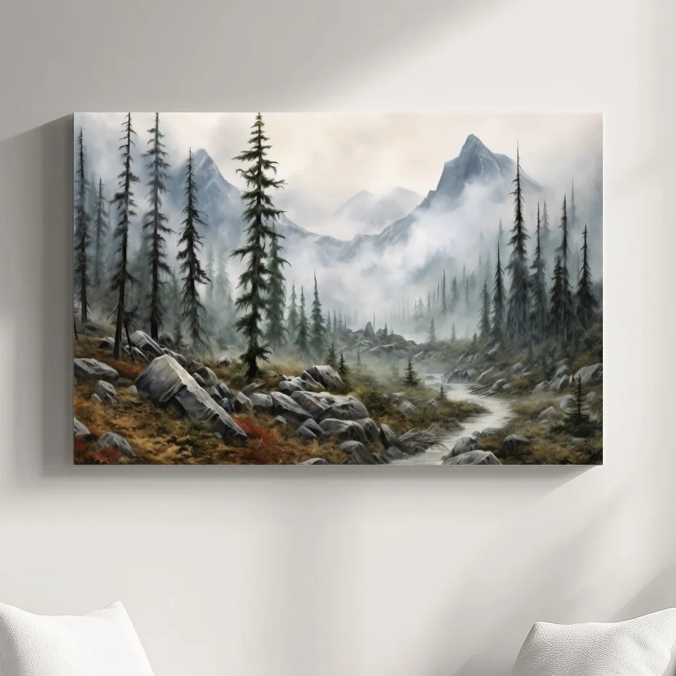 Painting of fog rolling through mountain scenery