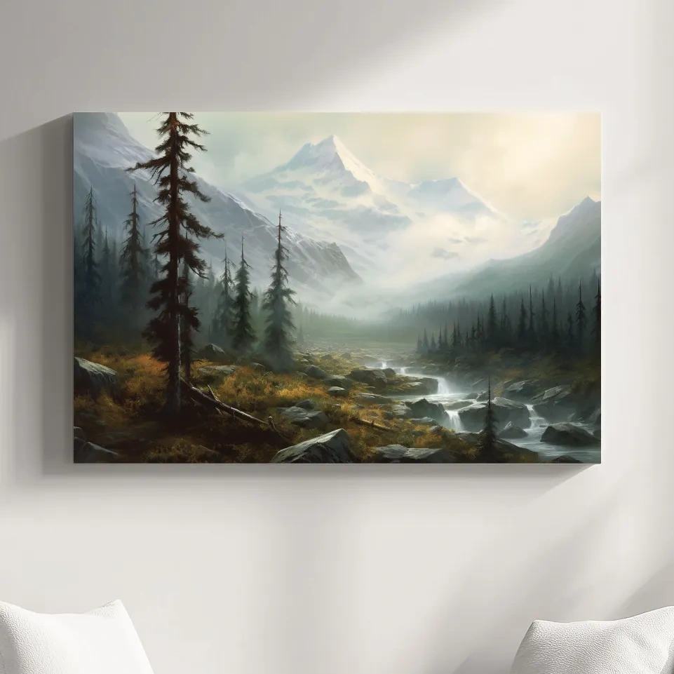 Painting of evening fog in the alpine