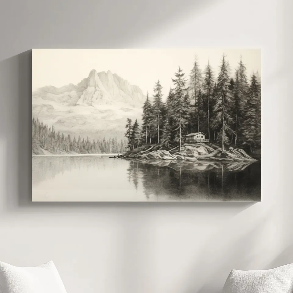 Lead pencil drawing of a cabin by the lake
