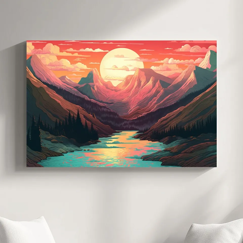 Illustration of a mountain landscape at sunset