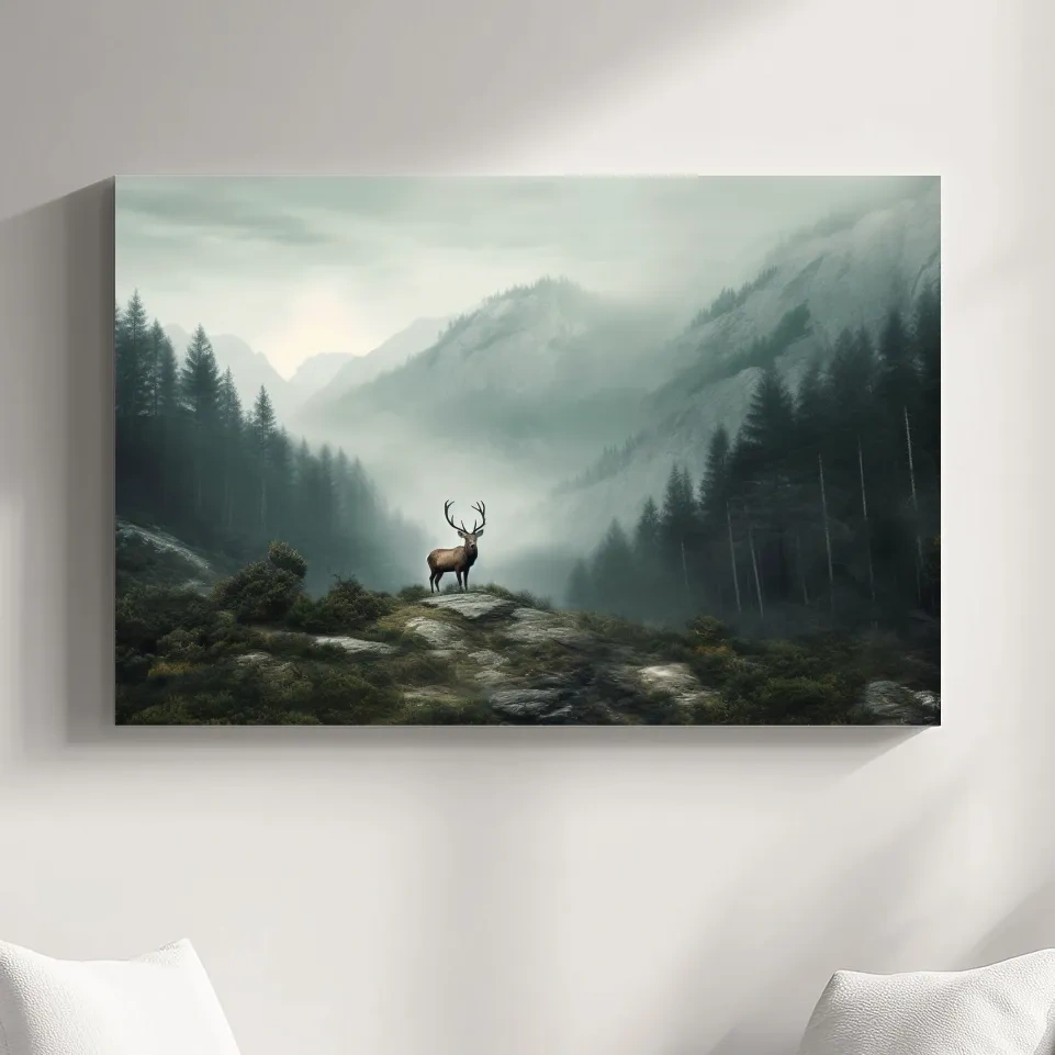 Painting style artwork of a majestic deer standing in the fog