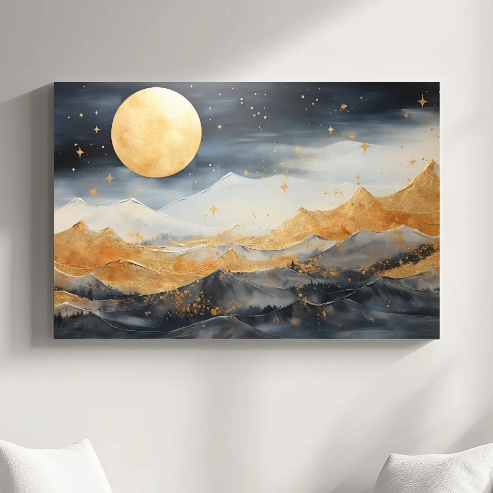 Elegant gold painting of mountains under the stars