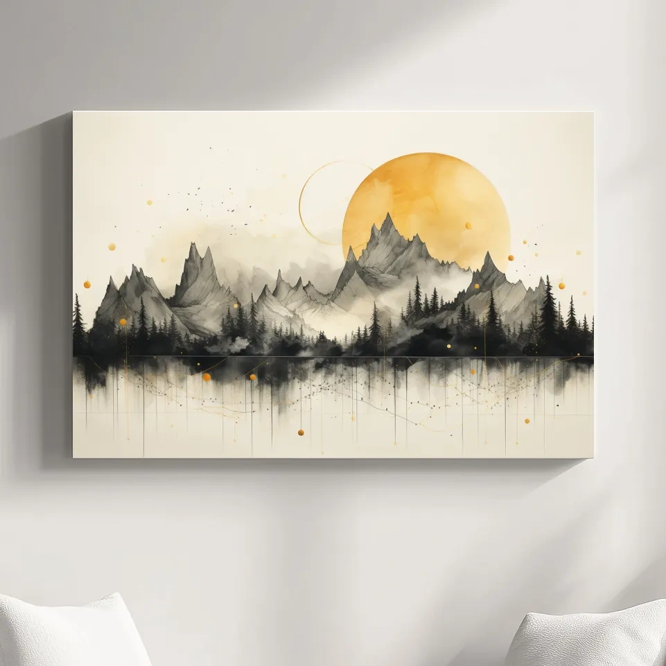 Drawing of jagged mountain peaks under the sun