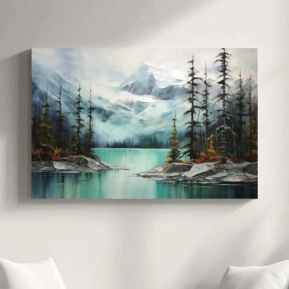 Painting of a turquoise lake in the alpine