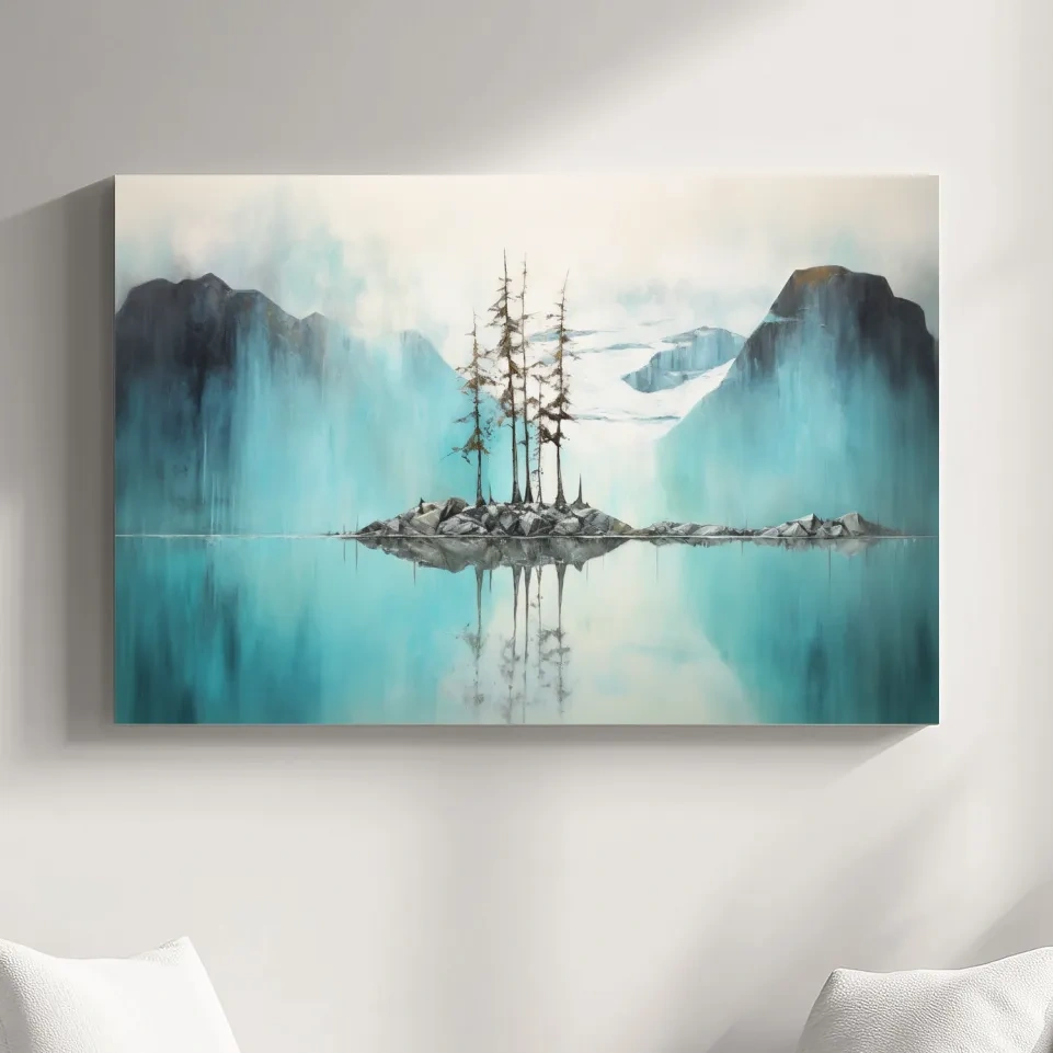 Trees on a turquoise lake, mountain painting