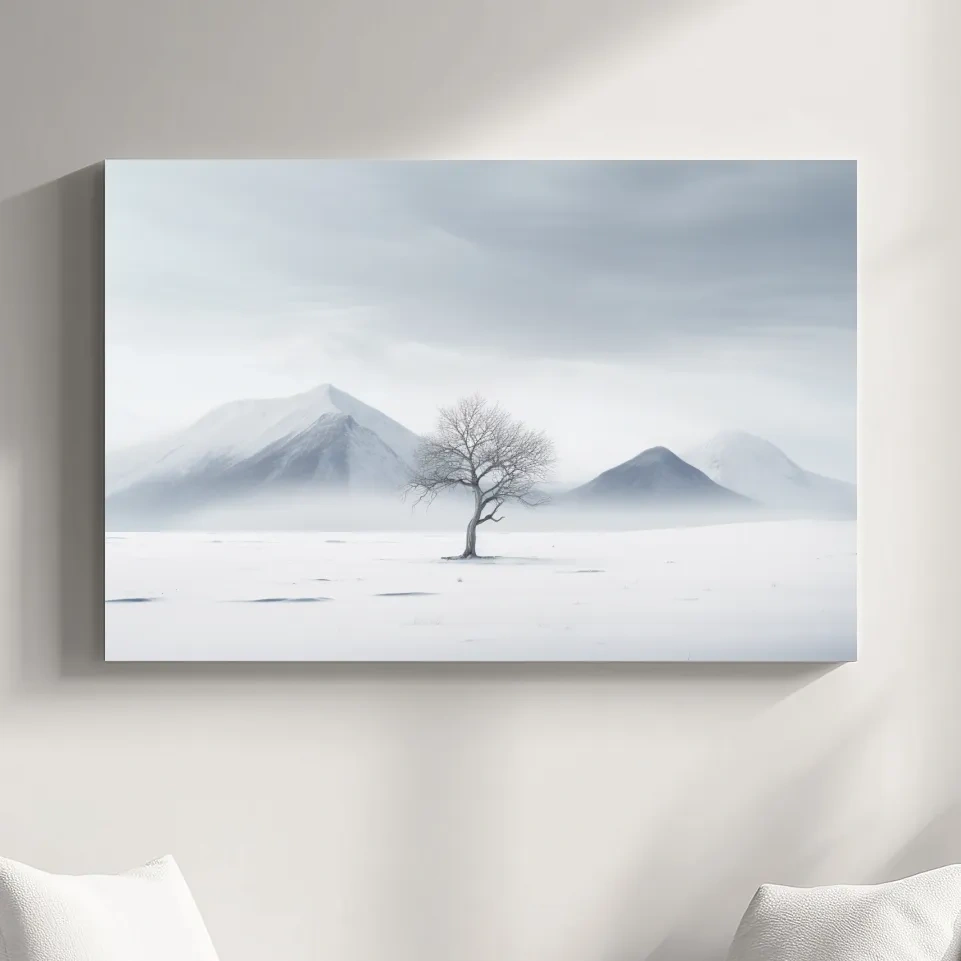 Minimal art, painting of a tree in the snow
