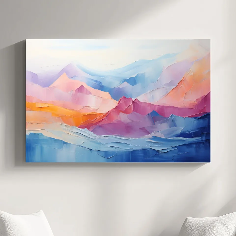 Abstract colourful oil painting representing mountains, canvas wall art