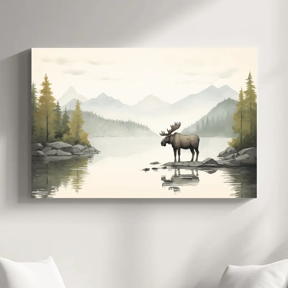 Childrens nursery illustration of a moose by a lake