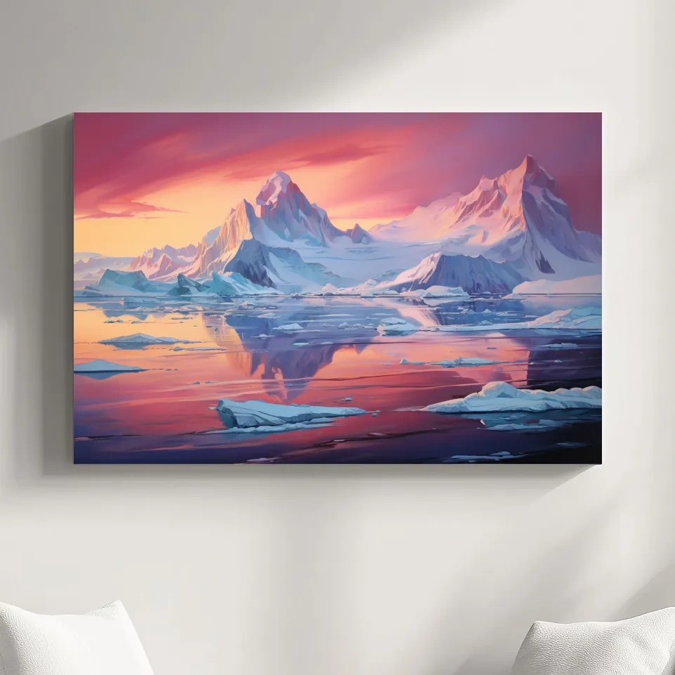 Painting of a sunset over the antarctic glacier