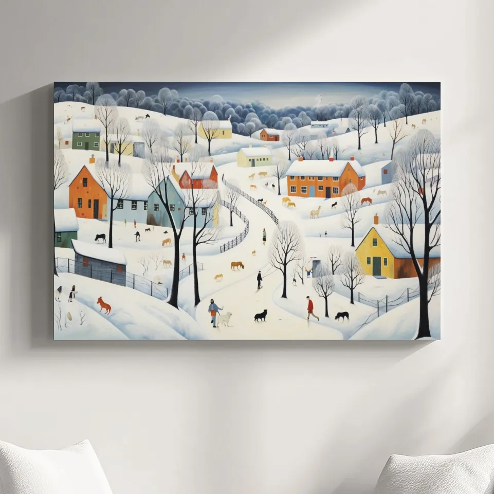 Quirky painting of a mountain village in the snow