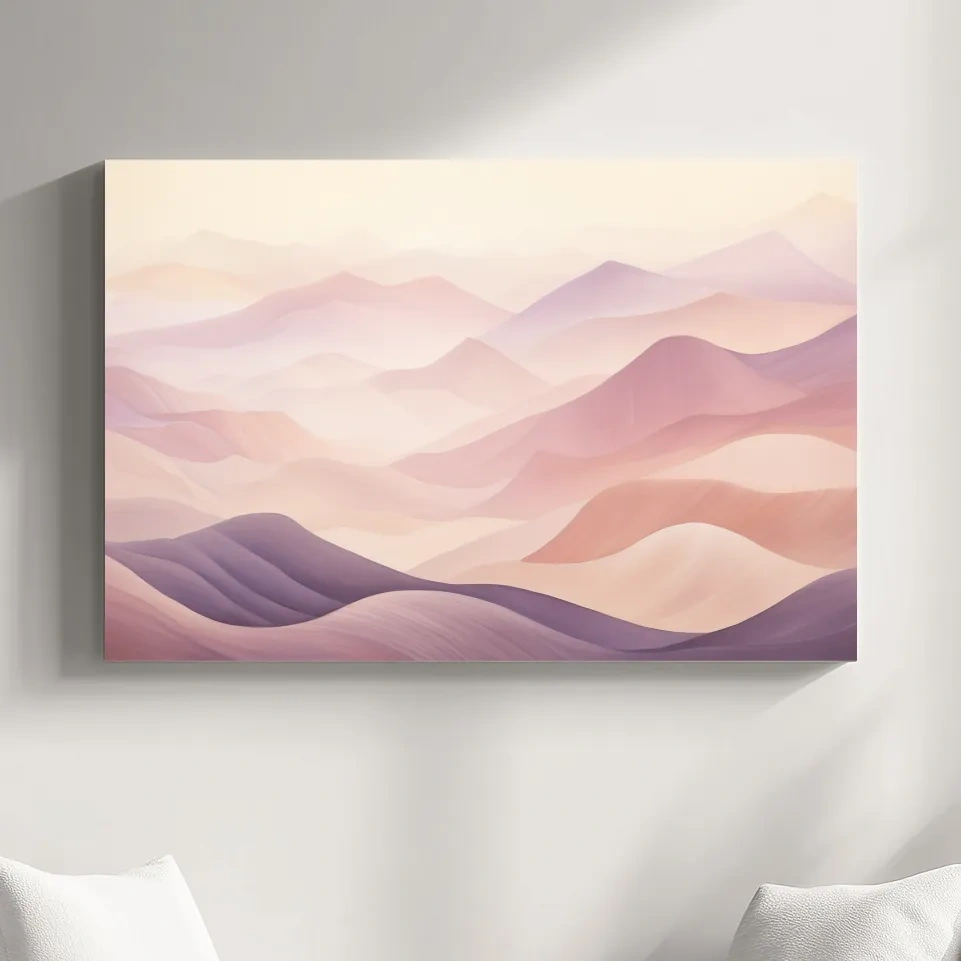 Soft and subtle purple pastel mountains in the fog artwork