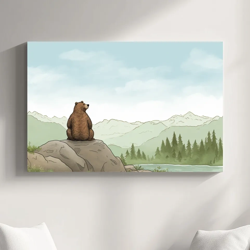 Illustration of a bear chilling on a rock, nursery artwork