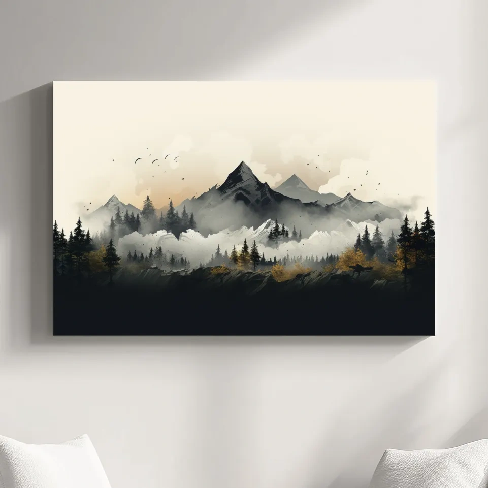 Illustration of treelined mountains