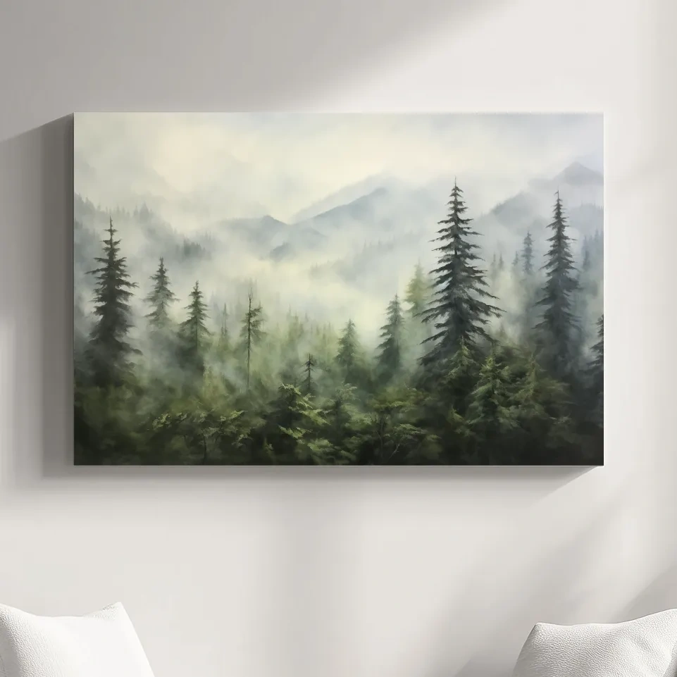 Painting of fog rolling through the trees and mountains