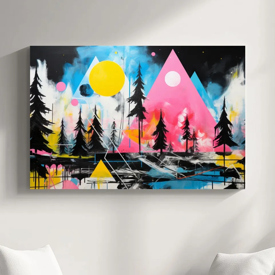 Abstract acrylic painting, mountain shapes and trees