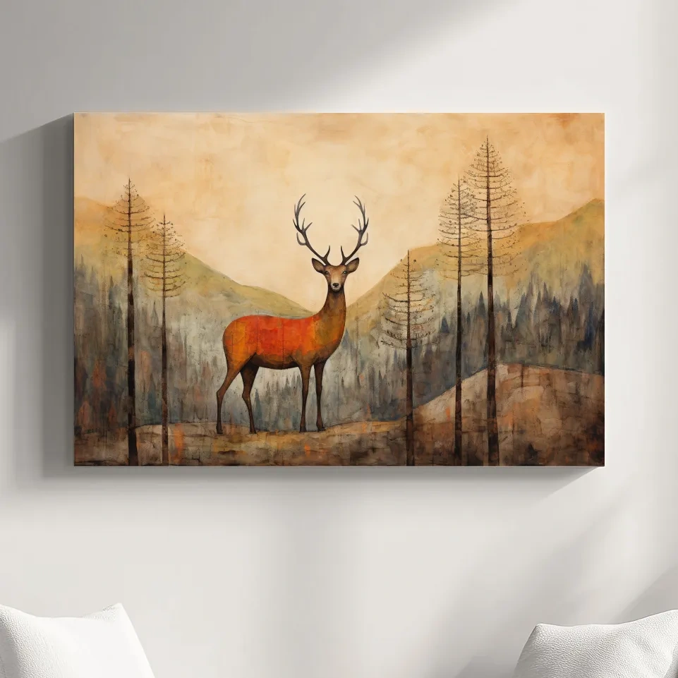 Textured watercolour painting of a deer in the forest