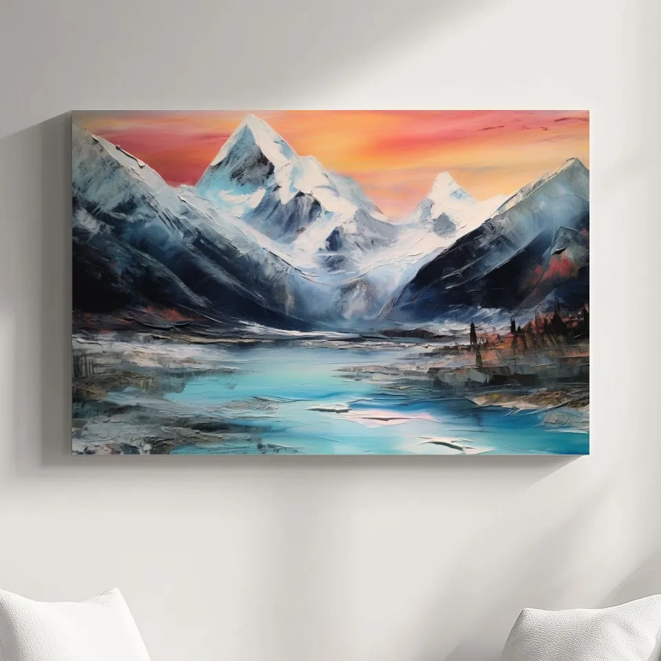 Bold oil painting of a glacier at sunset