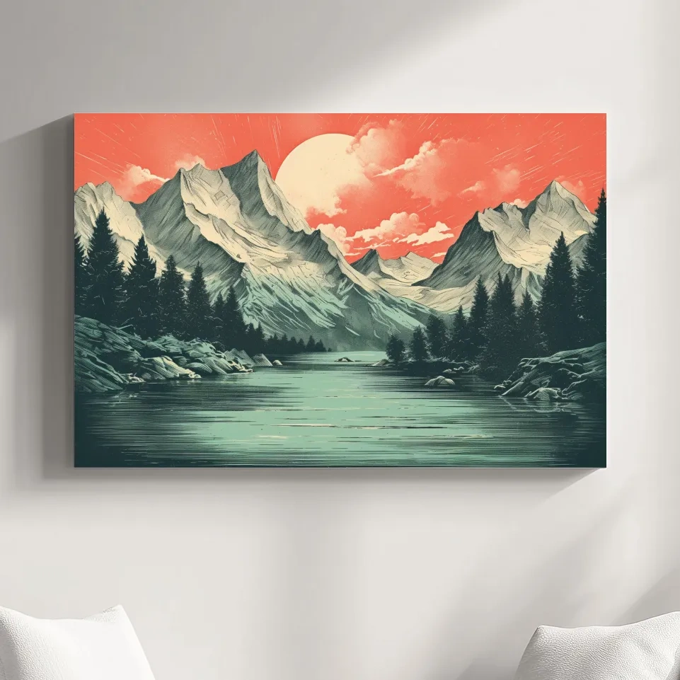 Retro Alpine Mountain Lake Sunset - Vintage Risograph Landscape Wall Art