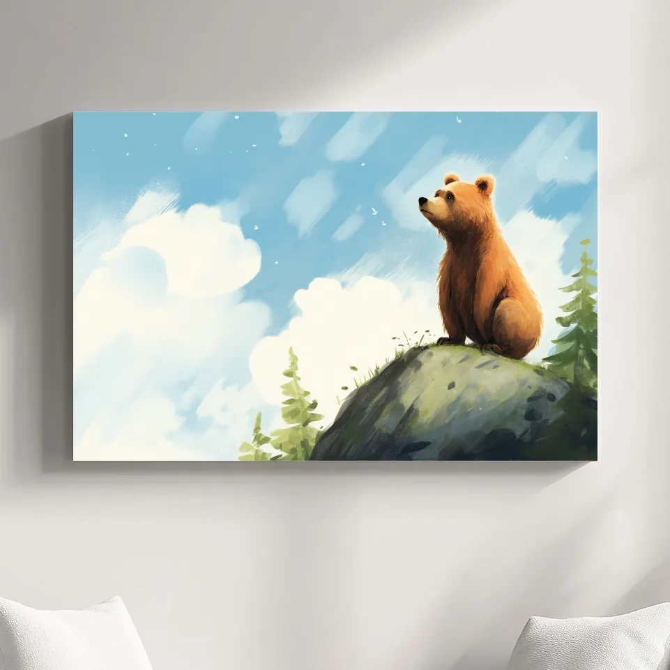 Bright fun painting of a bear gazing into the sky