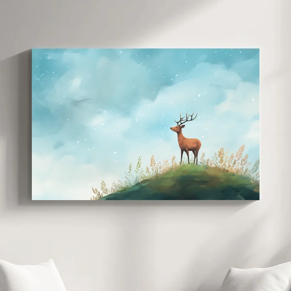 Bright painting of a deer gazing into the sky