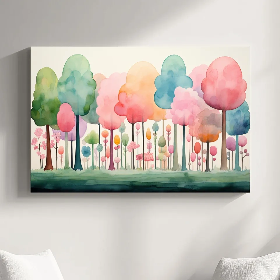 Watercolour painting of a dreamy colourful forest